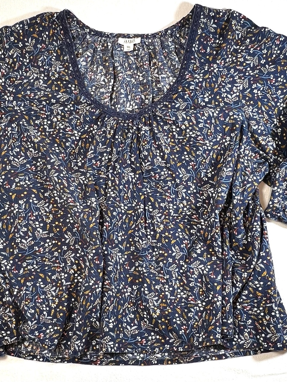 a.n.a Navy Ditzy Floral 100% Cotton Blouse-Cottagecore, Coquette, Boho, Peasant